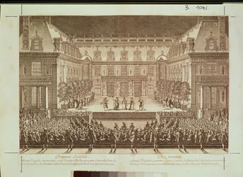 アントワーヌルポートル（1621-91）1676によって彫刻されたベルサイユ宮殿の大理石の中庭で行われたオペラ「アルセステ」のパフォーマンス
